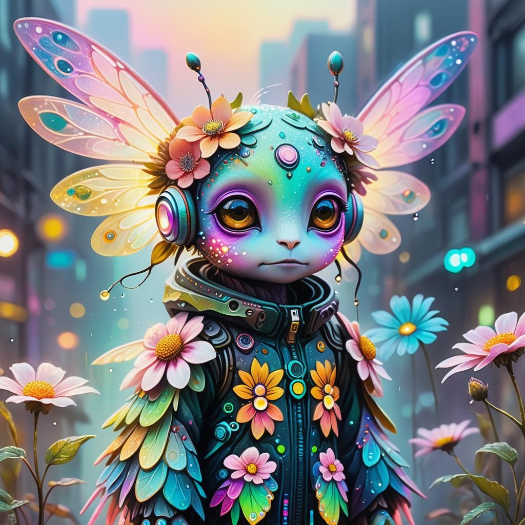 Cyberpunk Flower Creature in Dreamy Oil Painting