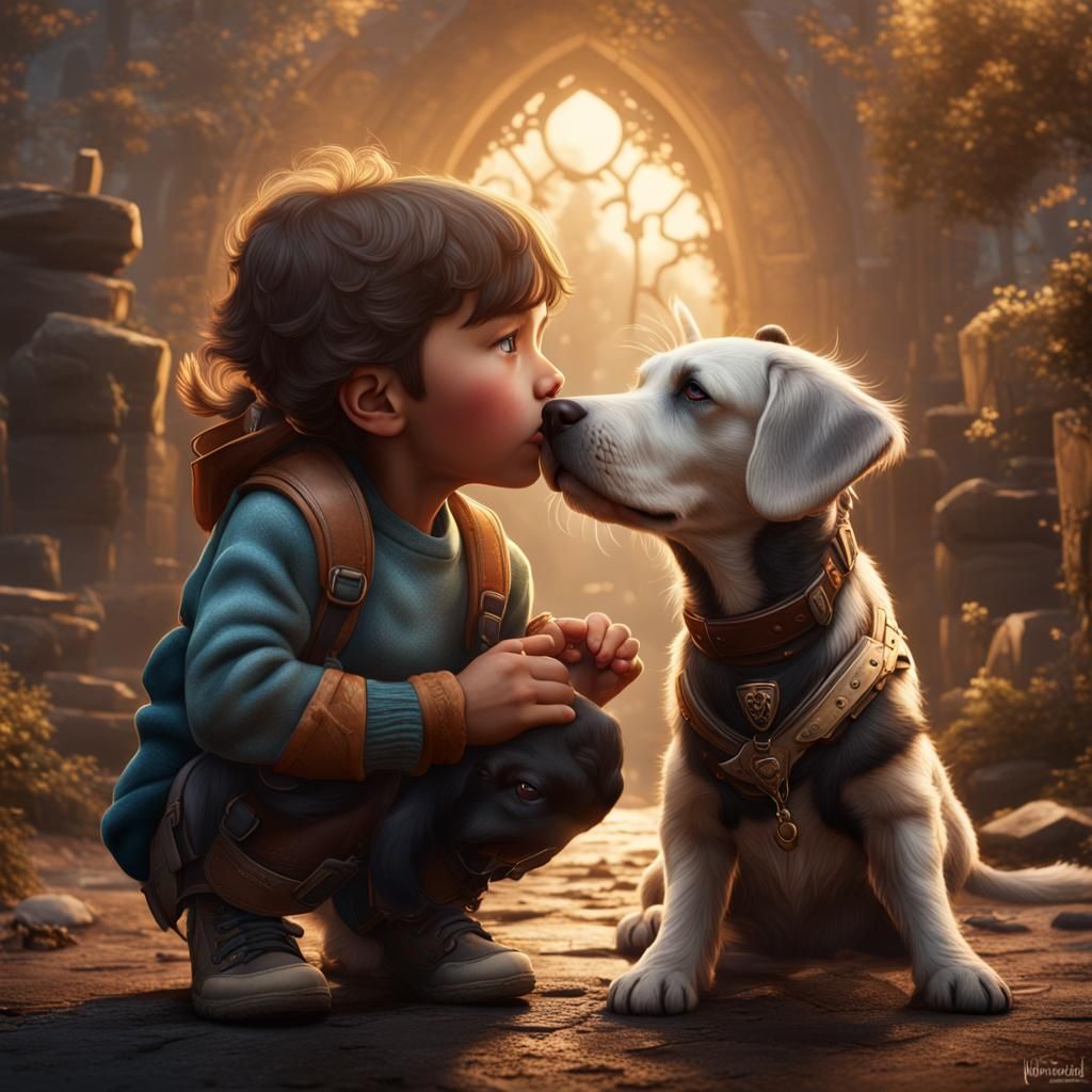 Toddler Kisses Dog: Detailed Fantasy Concept Art