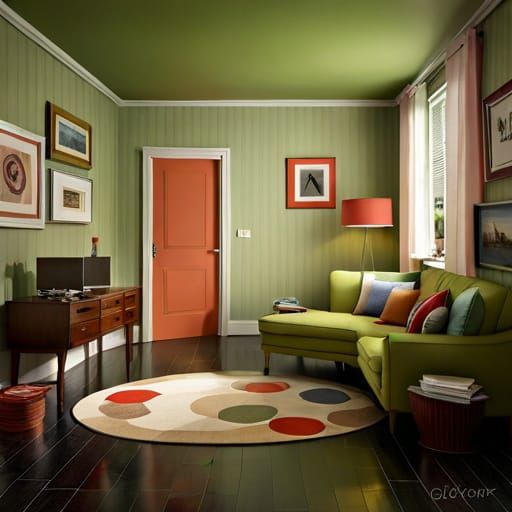 Vintage 1950s Living Room in Watercolor Style