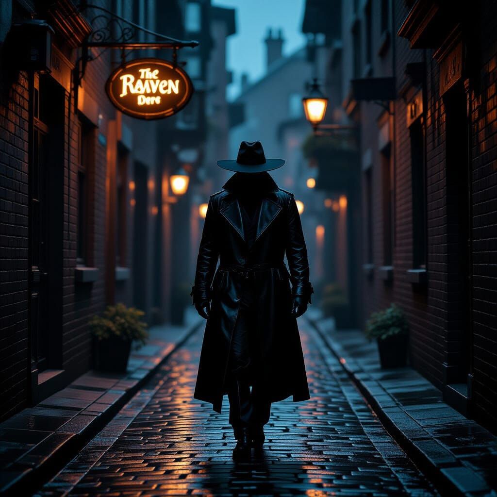 Shadowy Figure in Noir Alleyway, Cinematic Style