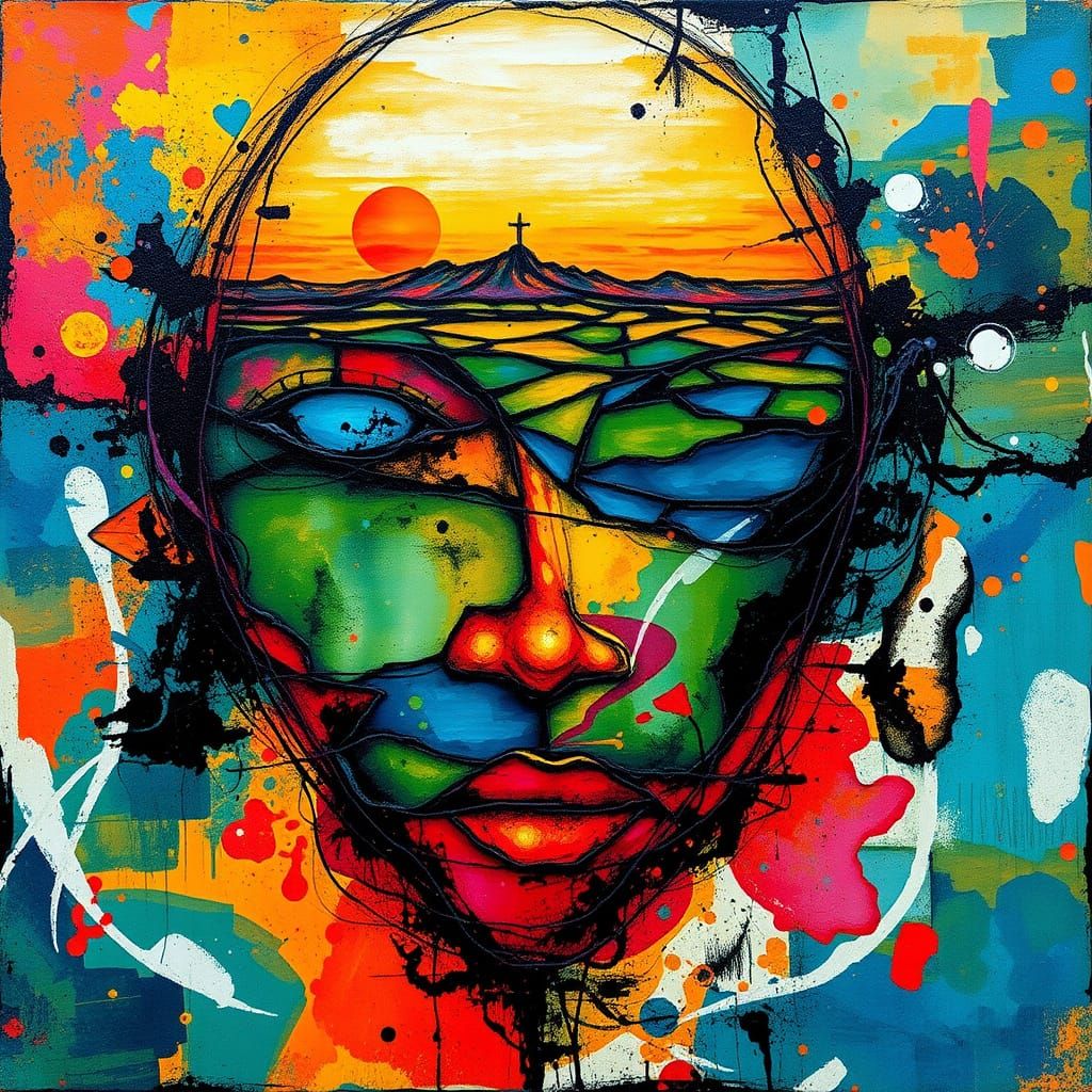 Abstract Aerial Landscape Face in Mixed Media