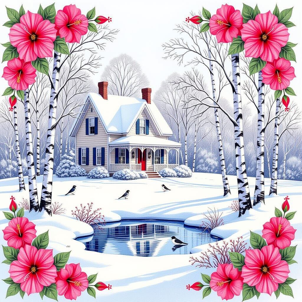 Victorian House in Snowy Meadow with Birch Trees