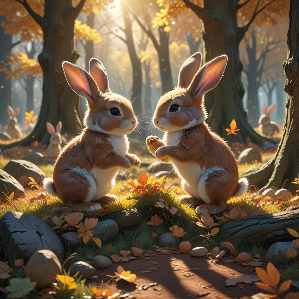 Cute Bunnies in Autumn Forest Clearing