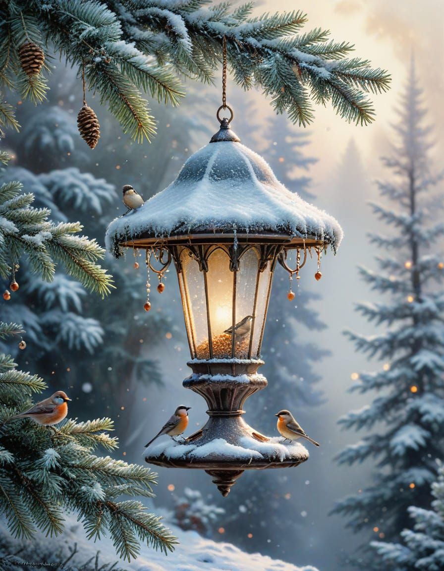 Christmas Bird Feeder with Flitting Birds in Snowy Tree