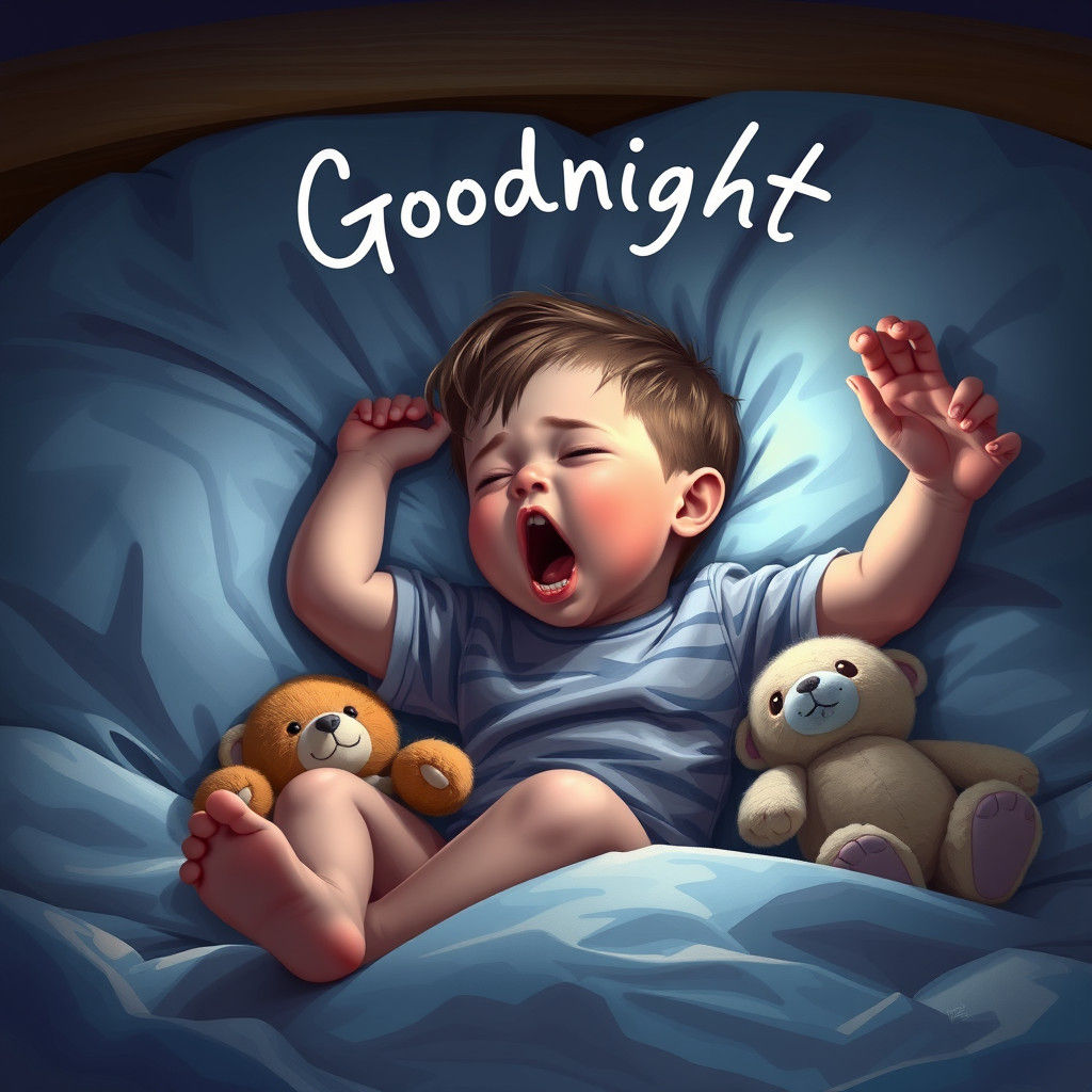 Toddler Boy Yawning in Bed: Hyperrealistic Digital Art