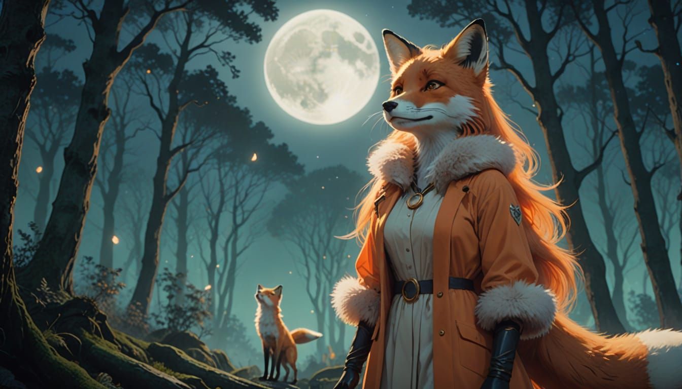Moonlit Fox Maiden in a Misty Forest