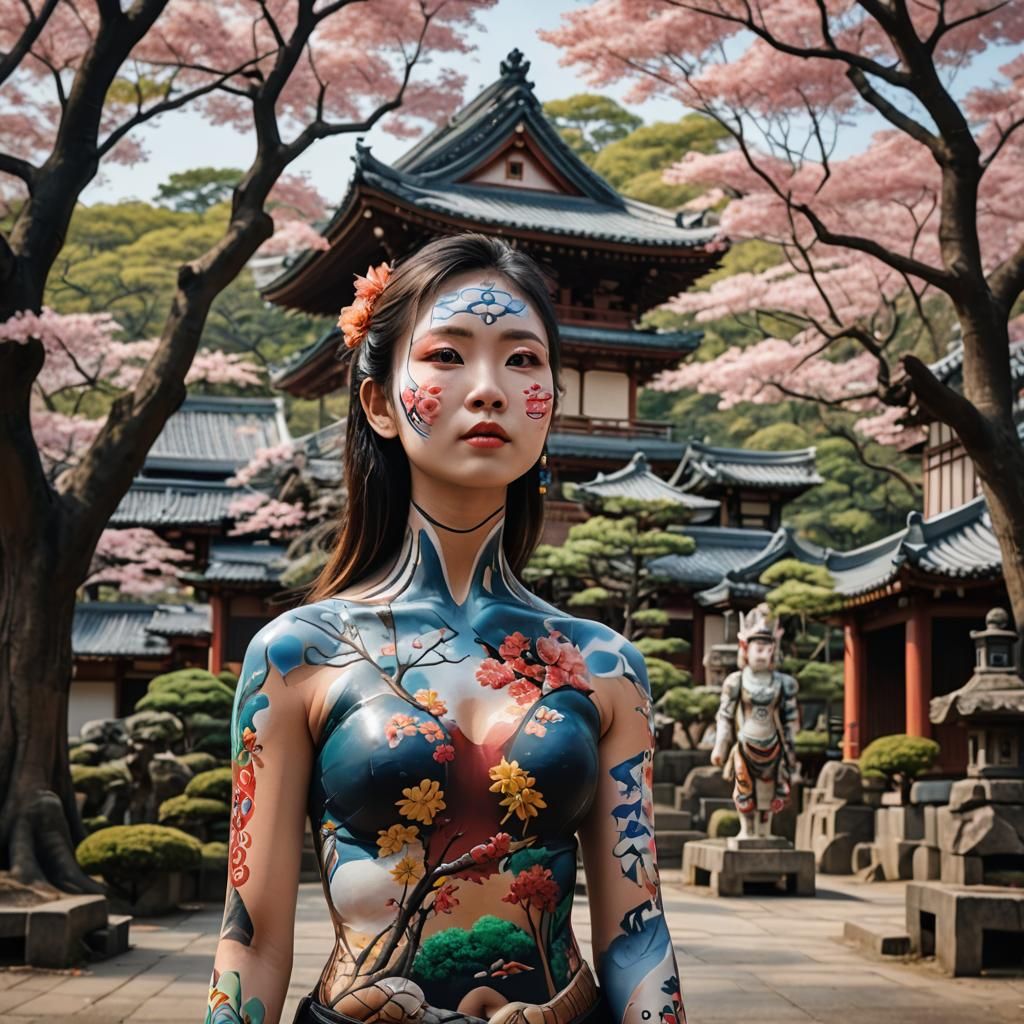 Japanese Art Body Painting with Temple Backdrop