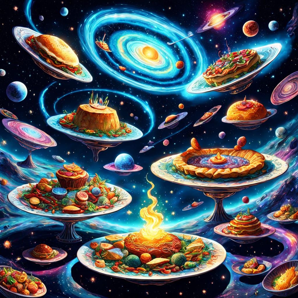 Cosmic Banquet: Fantastical Foods Floating in Space