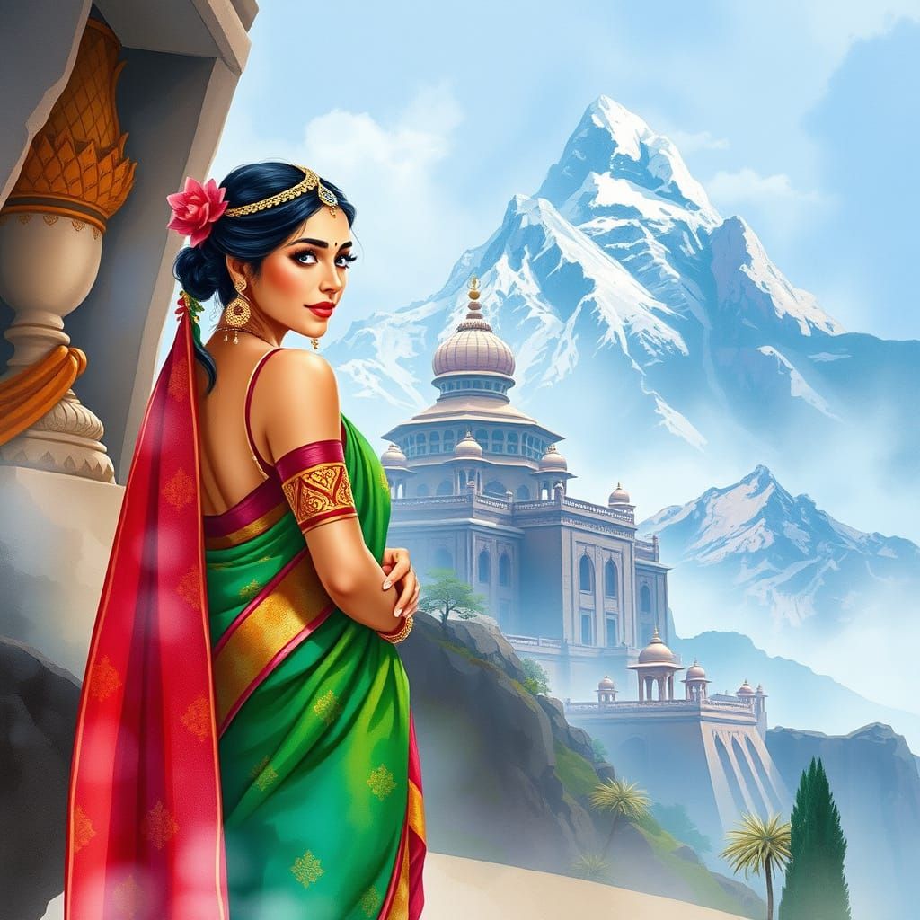 Vibrant Indian Princess in Majestic Mountain Palace