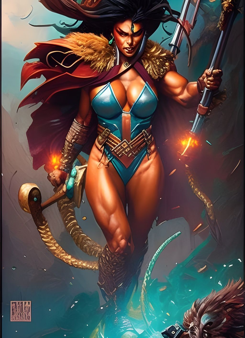 Vivid Crayon Caricature of a Female Barbarian