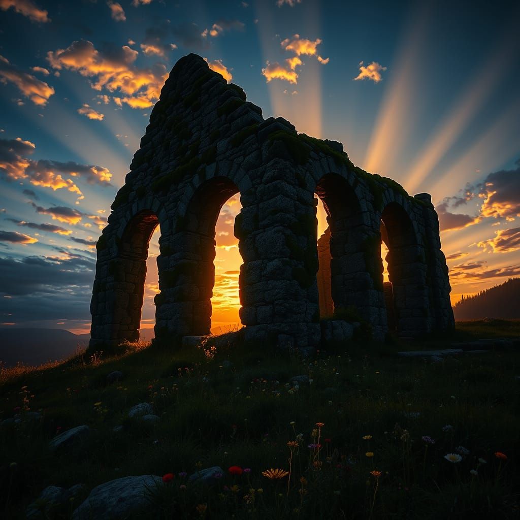 Ancient Ruin Silhouetted at Twilight with Ethereal Light