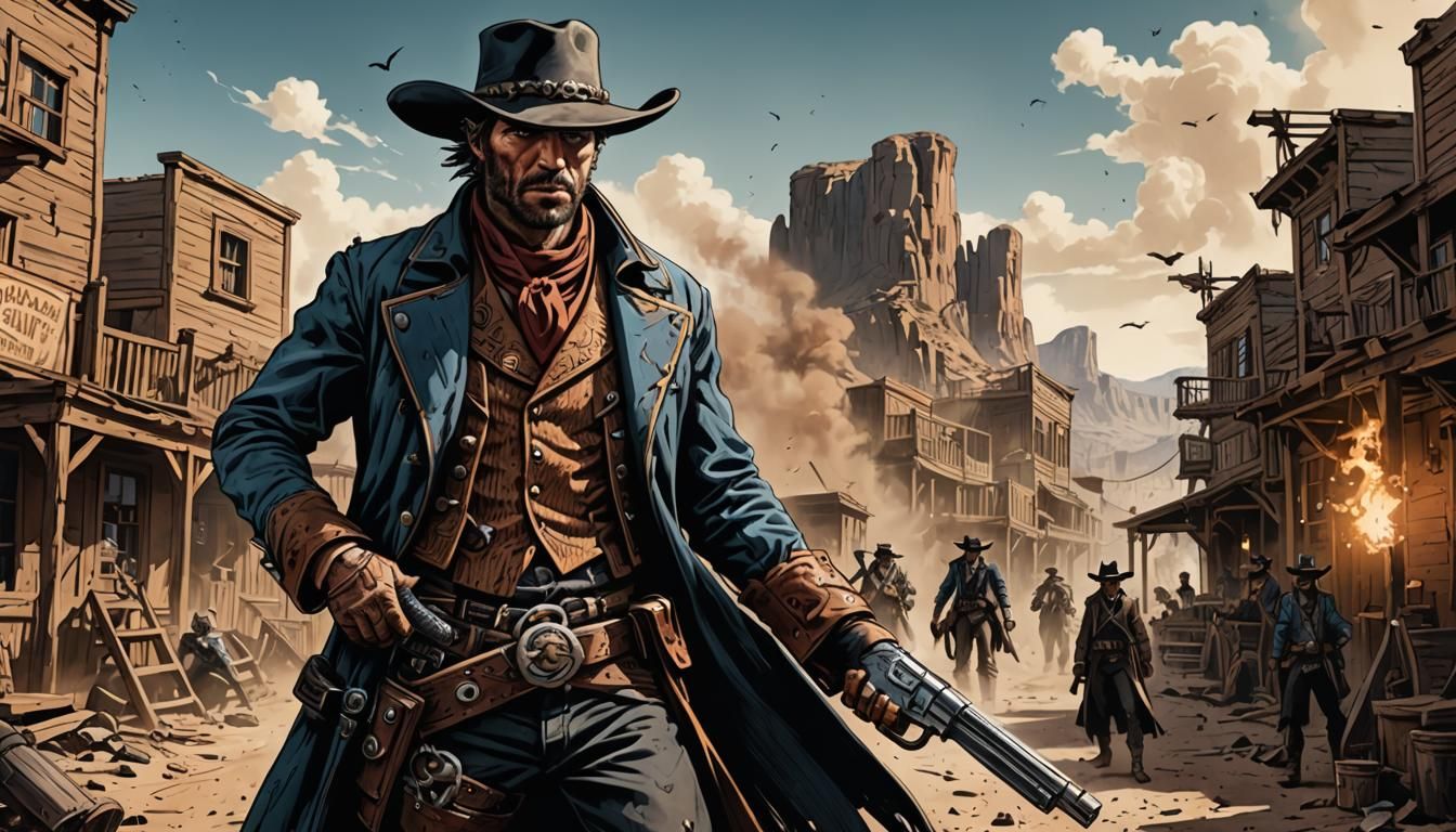 Wild West Gunslinger in Detailed Ink Drawing