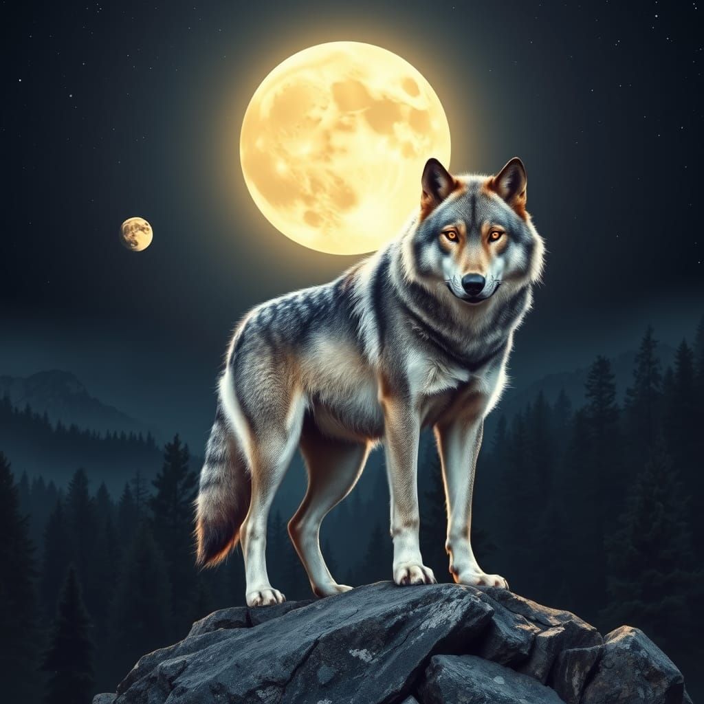 Wolf Illuminated by Full Moon in a Mystical Forest Setting