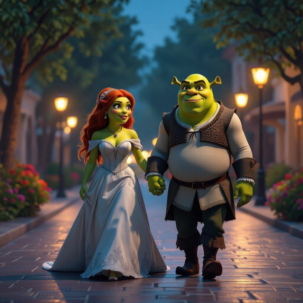 Human Shrek and Fiona Strolling at Night