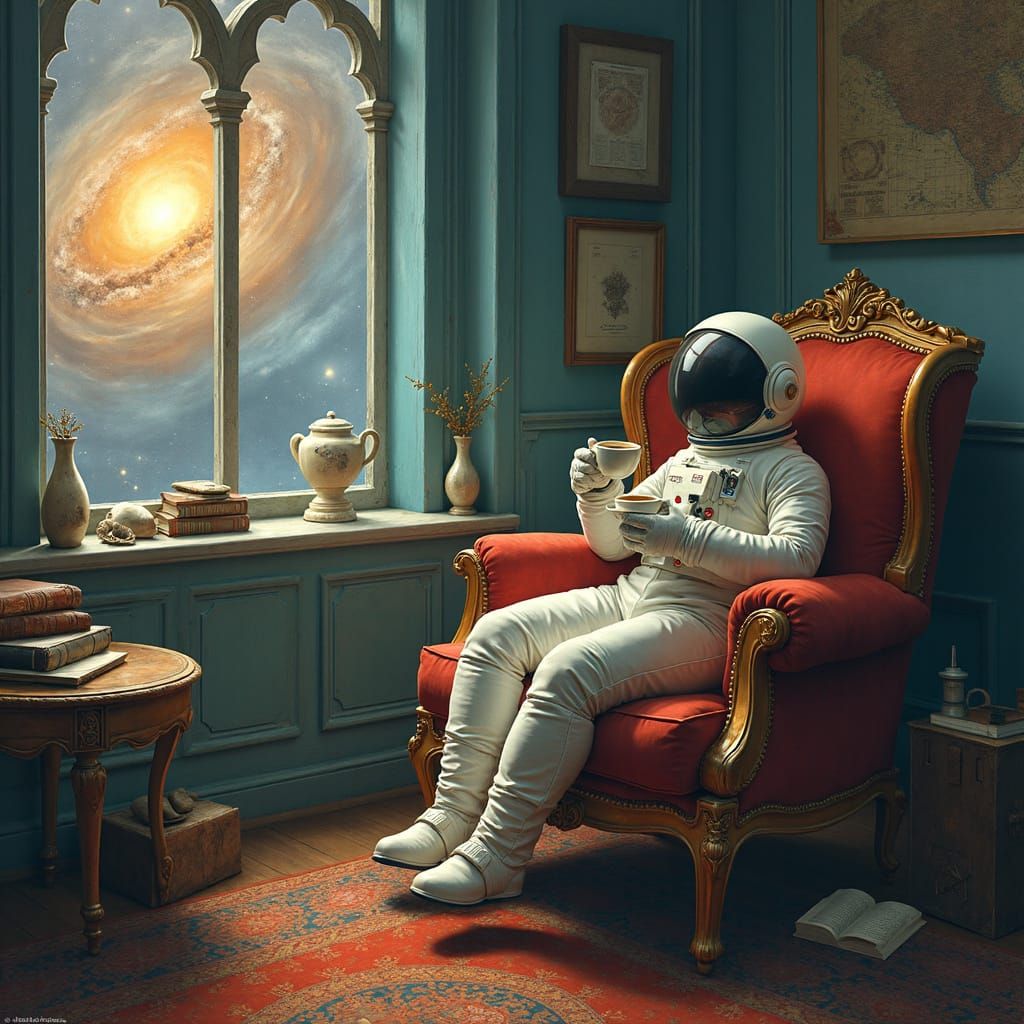 Astronaut Sips Tea in Space Amidst Nebula and Books