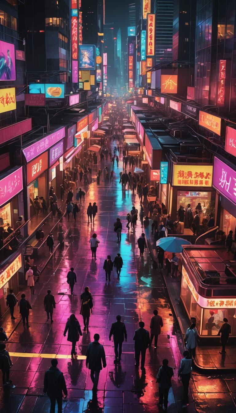 Busy City Street at Night with Neon Reflections