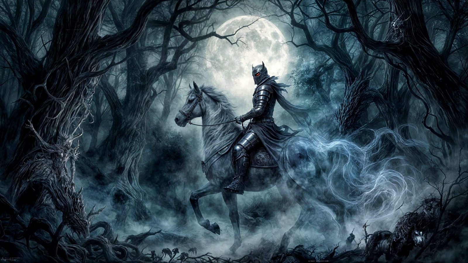 Phantom Knight Rides Nebula Steed Through Moonlit Forest