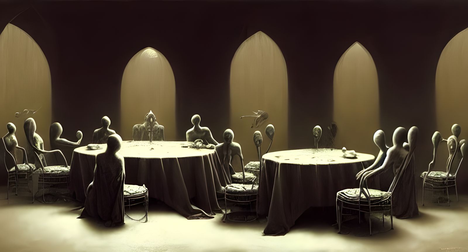 Surreal Creatures at a Table, Dark Fantasy Art
