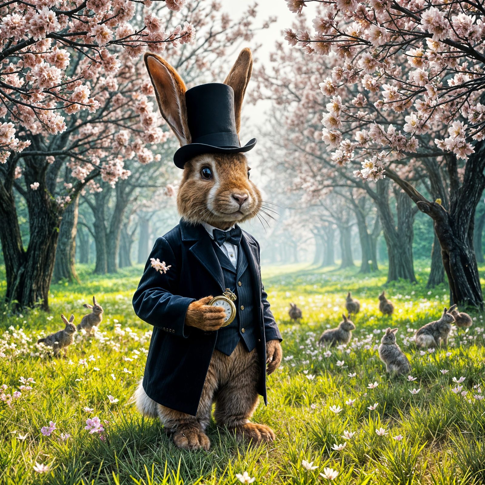 Whimsical Brown Bunny in Cherry Blossom Grove