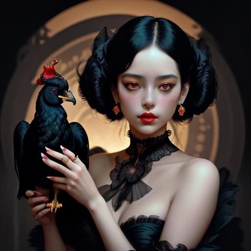 Enigmatic Figure with Chicken in Opulent Setting