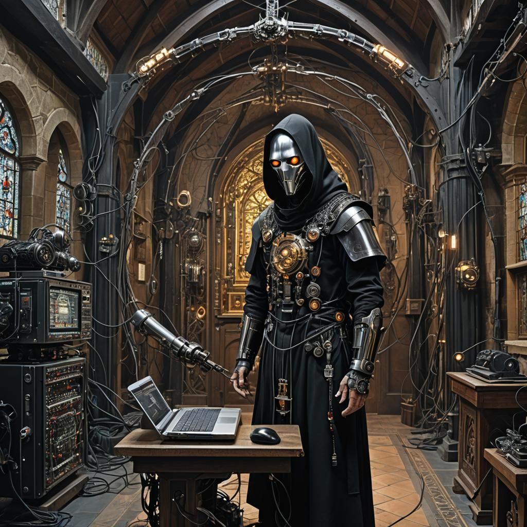 Cyborg Monk in Chapel with Cybernetic Implants