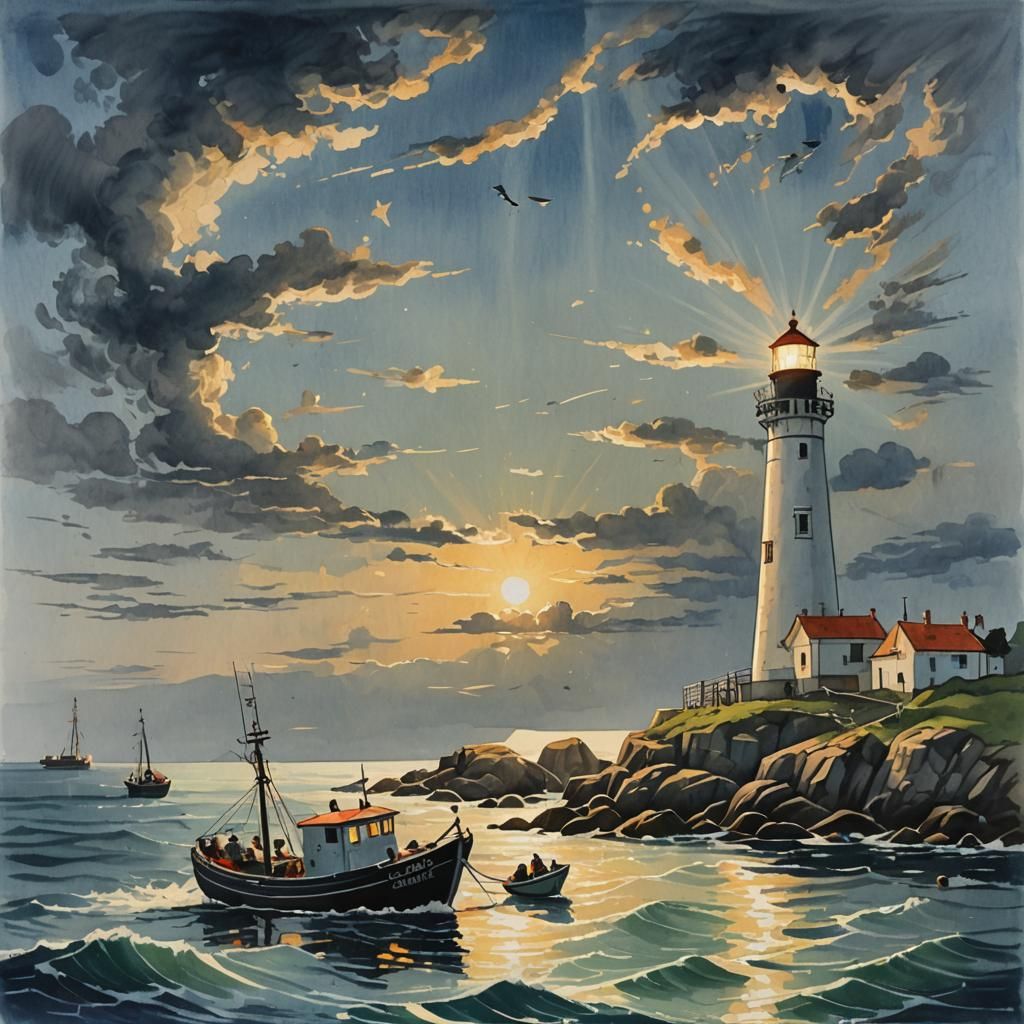 Lighthouse Guides Fishing Boat Home: Gouache Painting