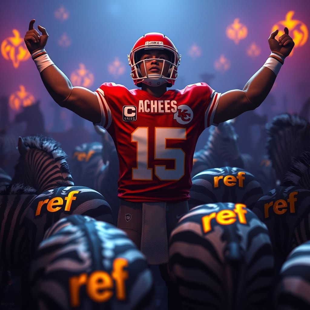 Patrick Mahomes Surrounded by Ref Zebras in Whimsical Savann...