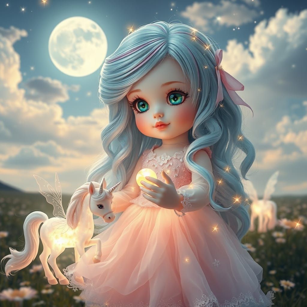 Dreamy Pastel Portrait of a Magical Doll in Moonlit Wonderla...