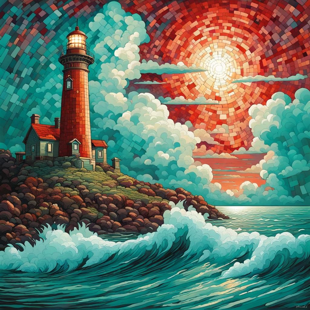 Lighthouse and Clouds in Mosaic Oil Painting