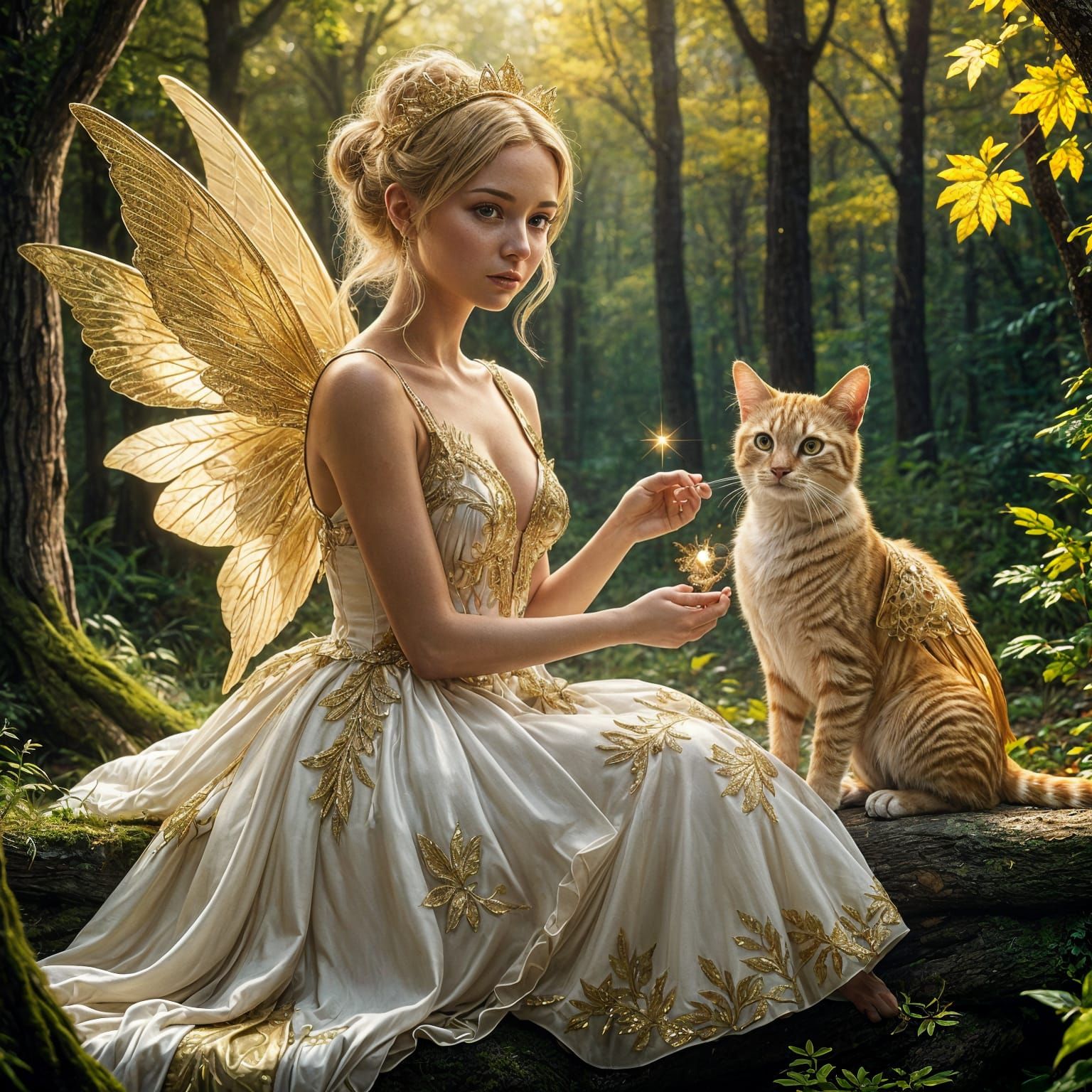 Golden Fairy and Tabby Cat in Forest, Detailed Matte Paintin...