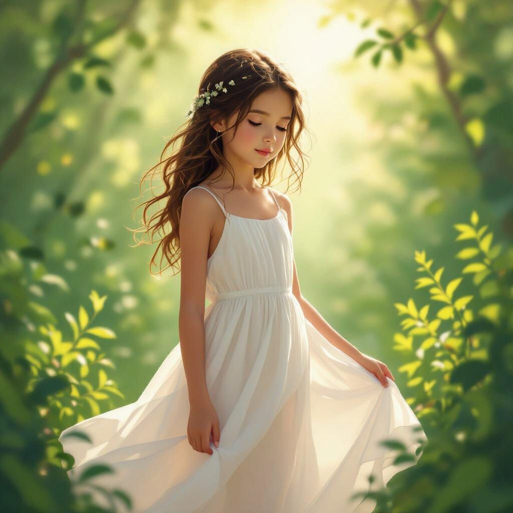 Ethereal Girl in White Dress Among Lush Greenery