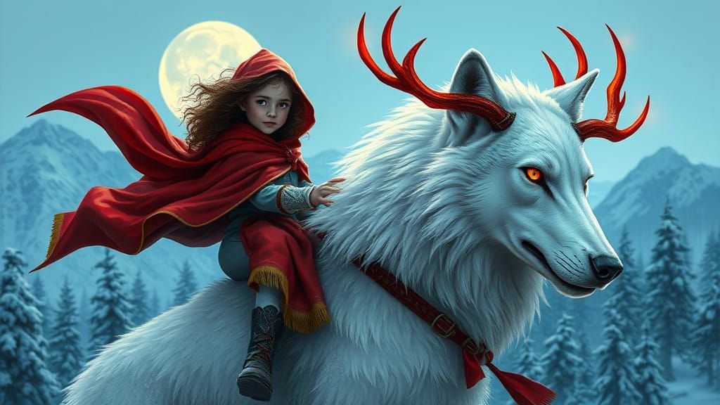 Majestic Red Cloak Ride with Fierce White Wolf and Glowing A...