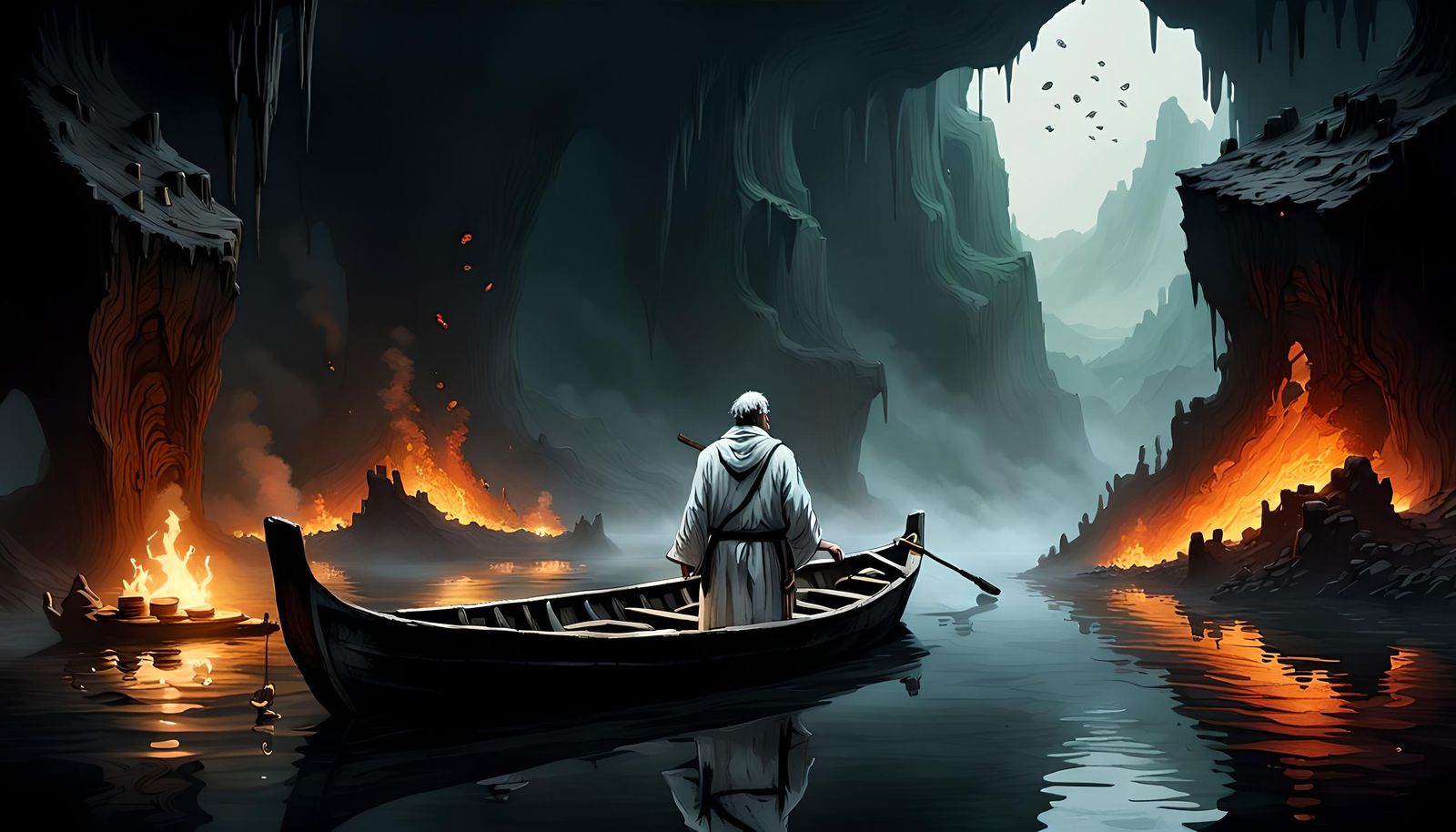 Myth of ferryman Charon rowing a boat with a man in it towar...