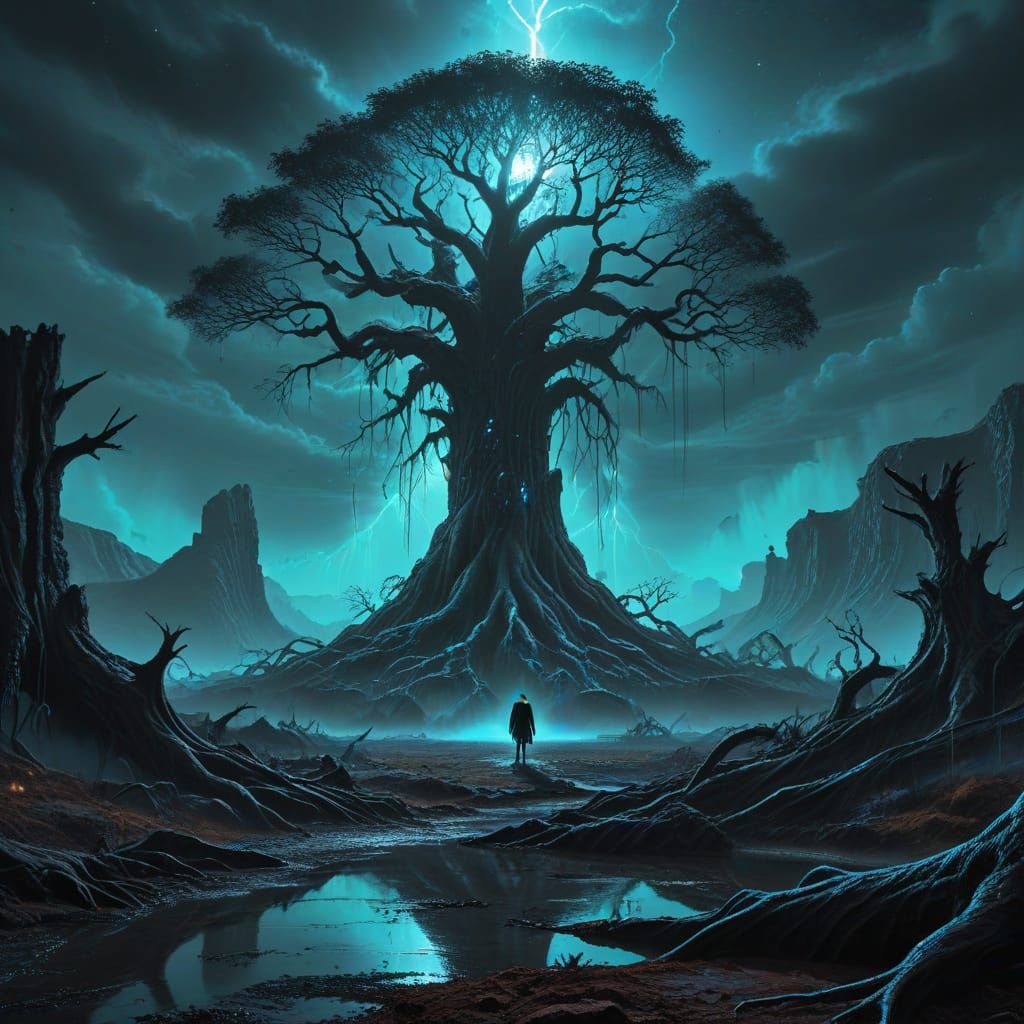 Bioluminescent Tree in Alien Landscape, Digital Painting