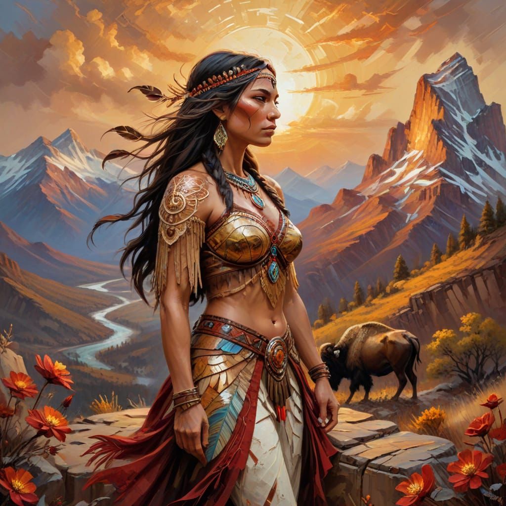 Native American Couple on Cliff Overlook in Impasto Oil Styl...