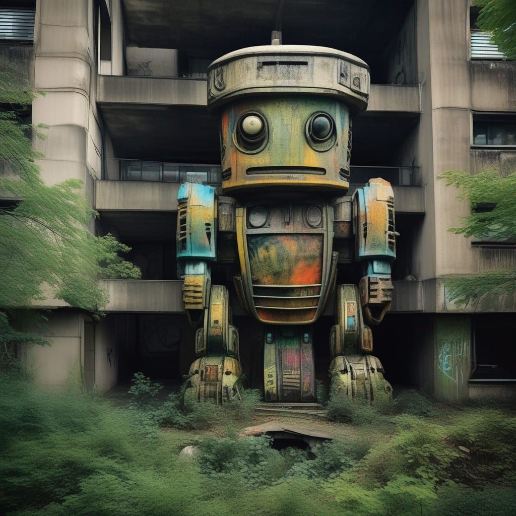 Futuristic Brutalist Robot Complex in Botanical Garden
