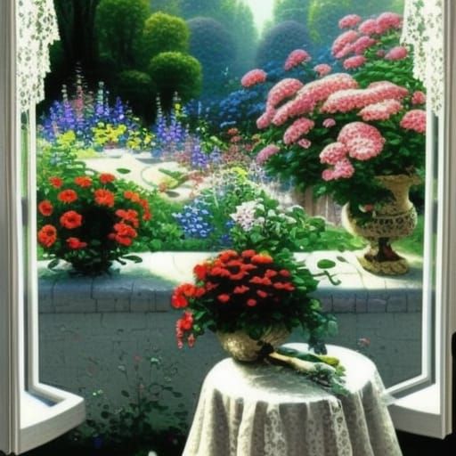 A beautiful vase of flowers placed on a lace tablecloth in f...