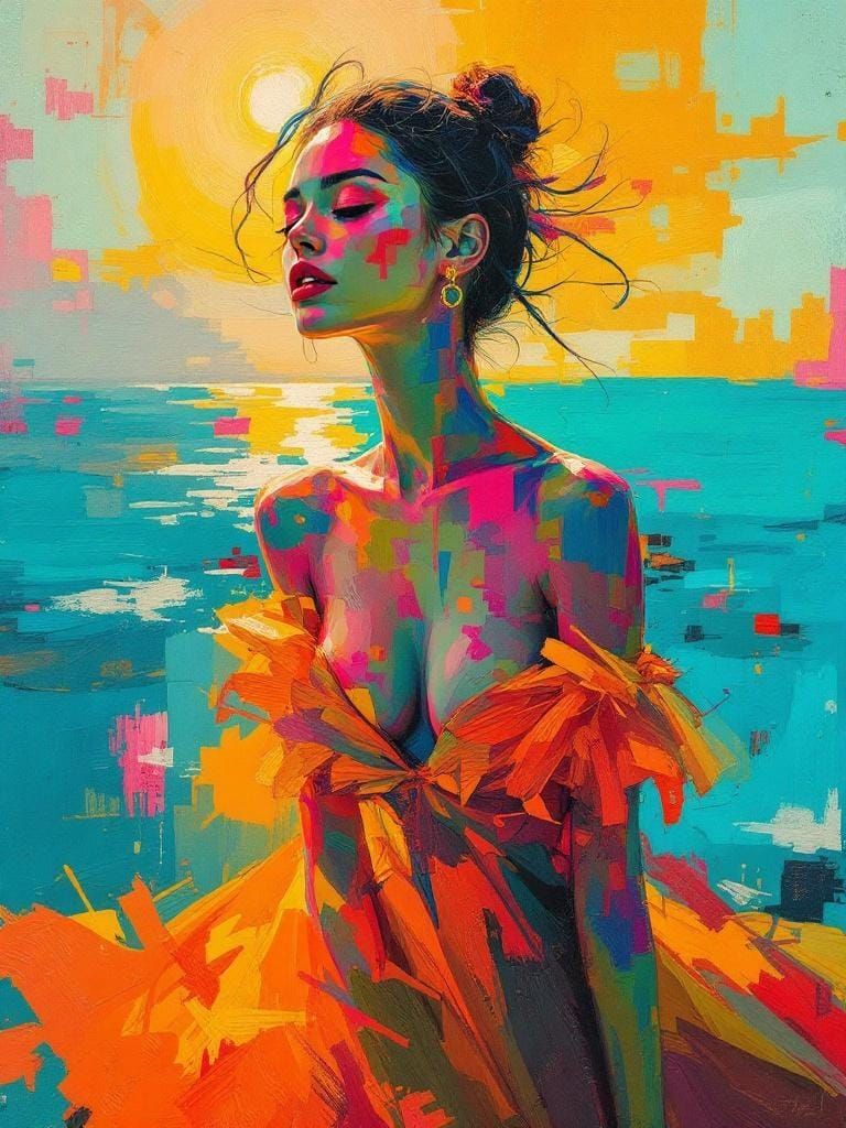 Impasto Painting of Woman in Sunlit Dress