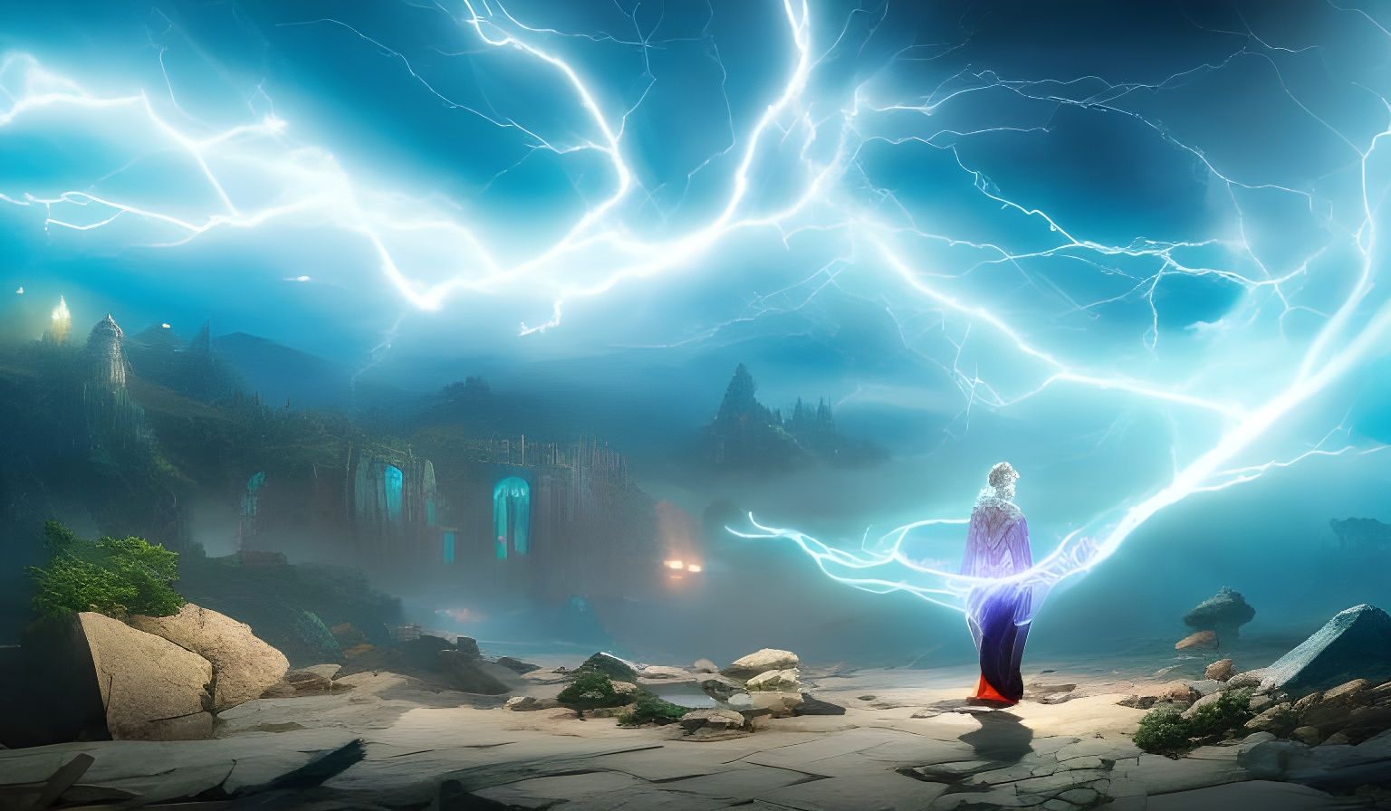 Wizard Casting Spell with Glowing Arcane Words