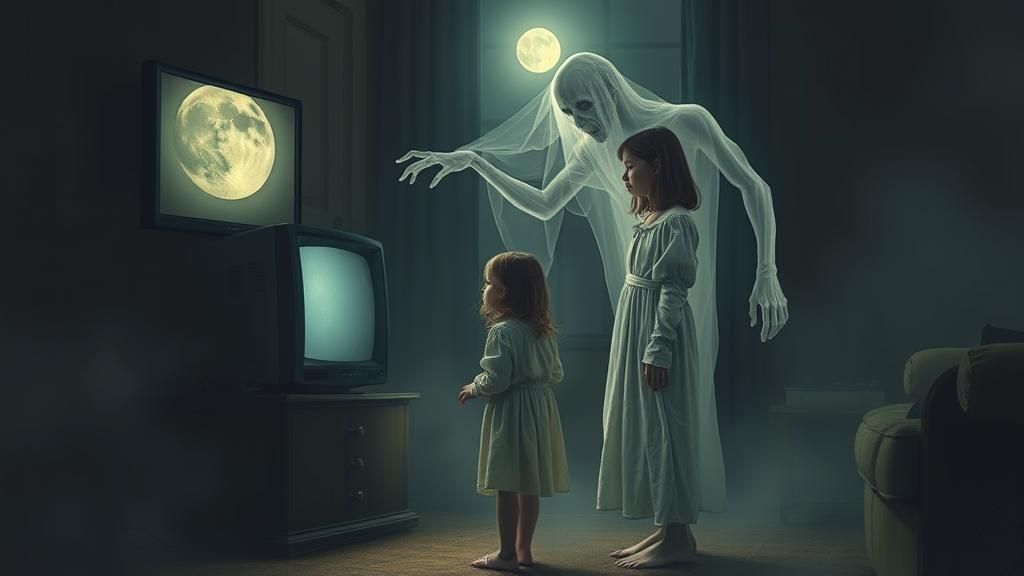 Eerie Ghostly Figure Reaching for Girl in Dreamscape