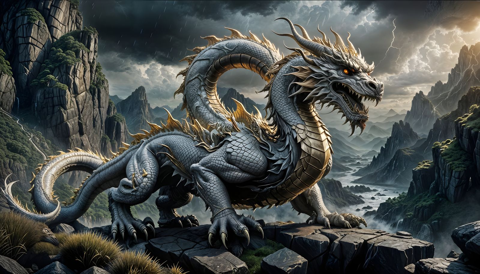 Colossal White Dragon Glaring at Lone Knight in Stormy Skies