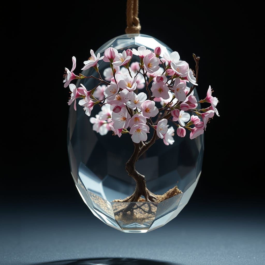 Cherry Blossom Tree in Glass Egg, Surreal Digital Art
