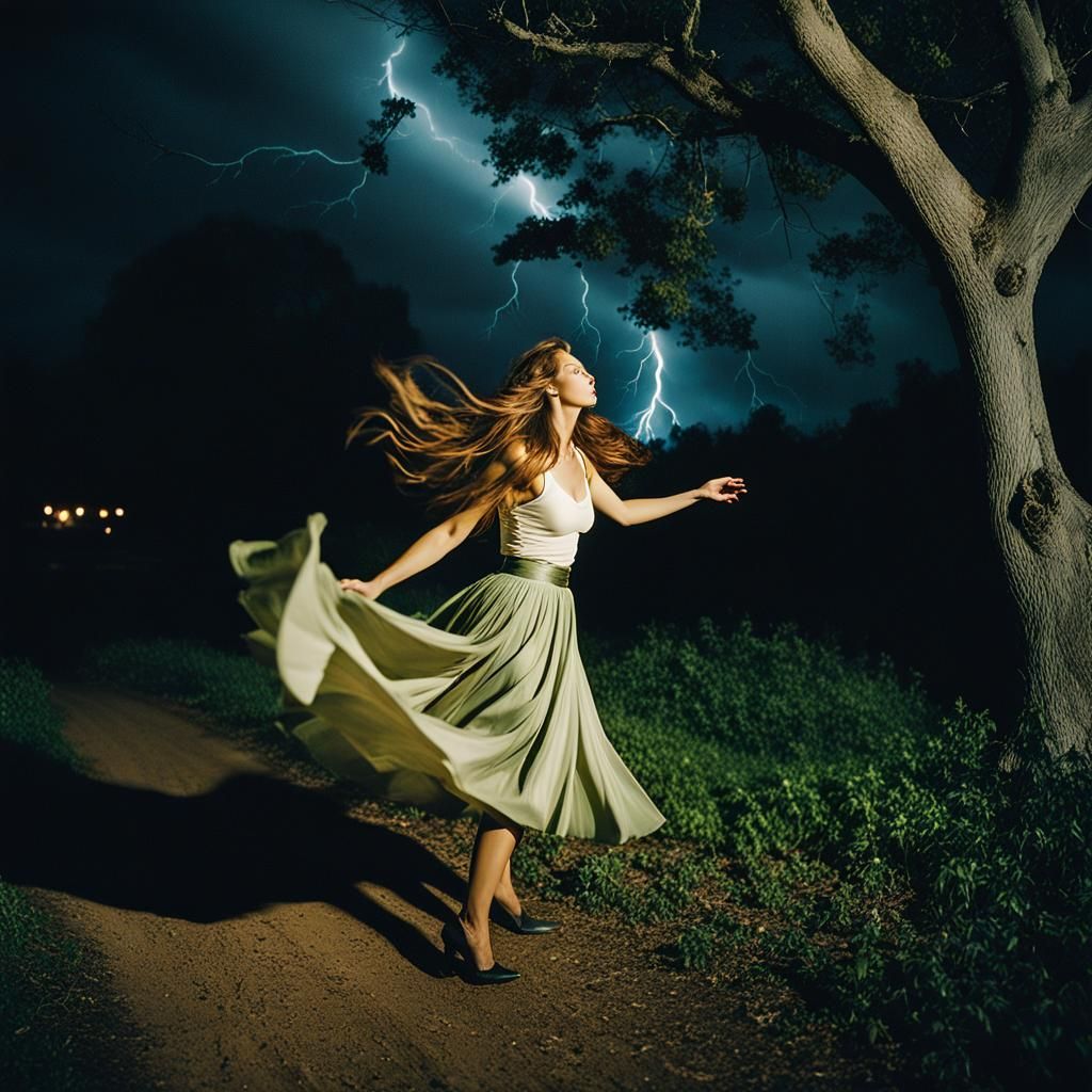 Woman Walks Through a Windy Night Storm