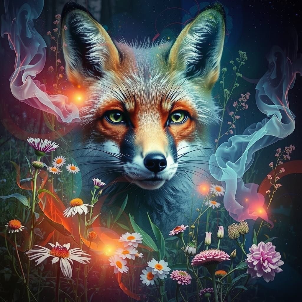 Surreal Fox Portrait in Vibrant Forest Dreamscapes with Biol...