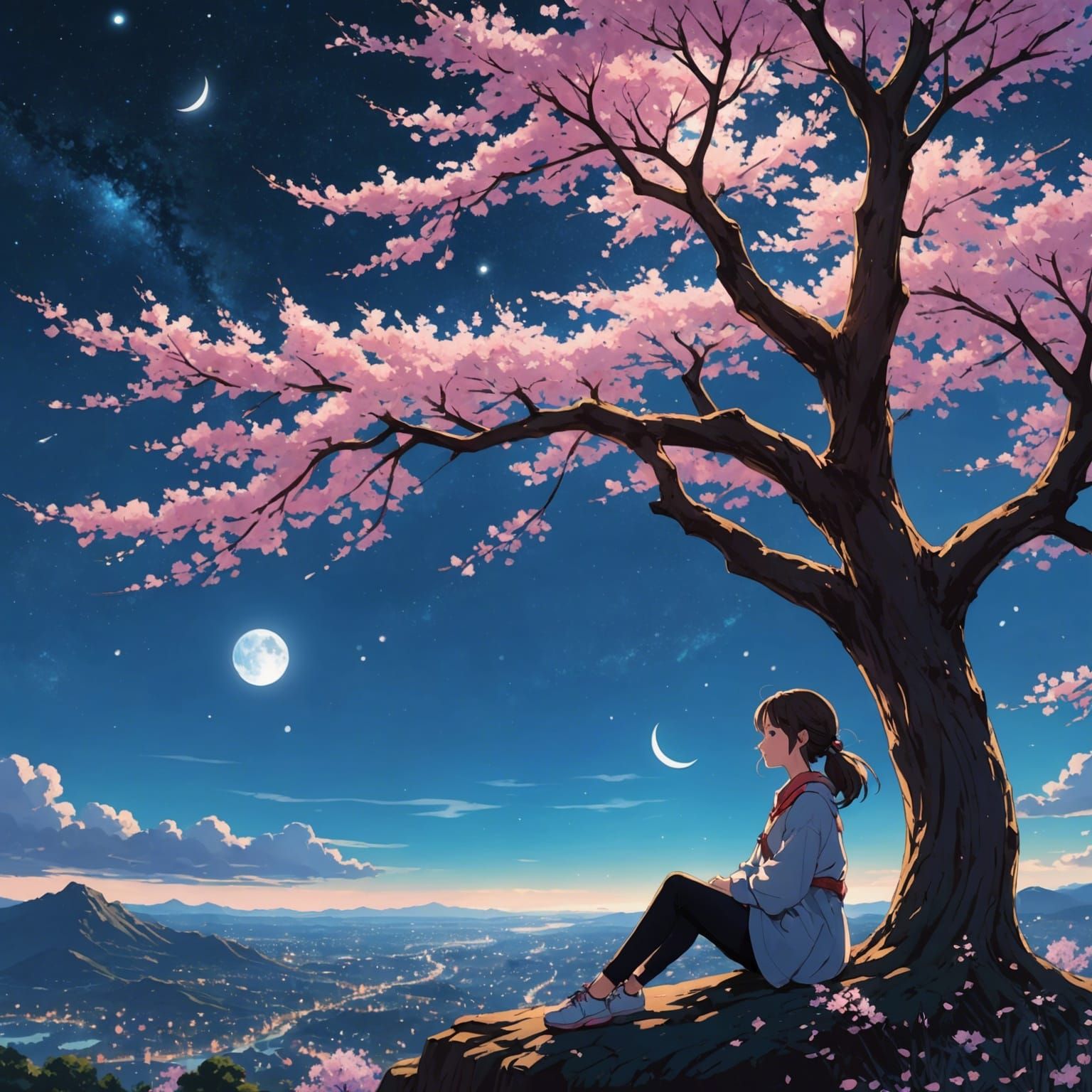Girl Under Galaxy Sky with Cherry Blossoms