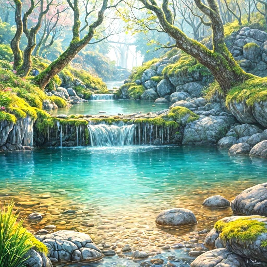 Tranquil Hidden Cove Waterfall in Pastel Colors