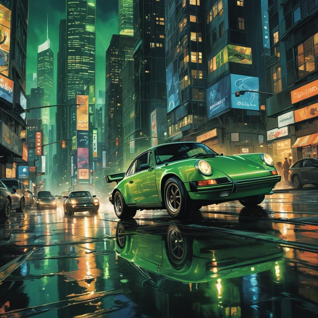Lizard Green Porsche Drifting in Comic Book Style
