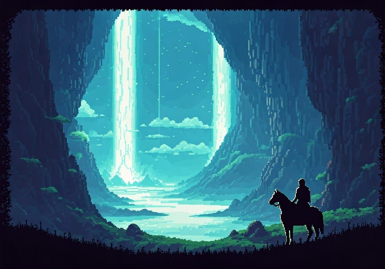 Knight on Horseback in 16-bit Pixel Art Valley