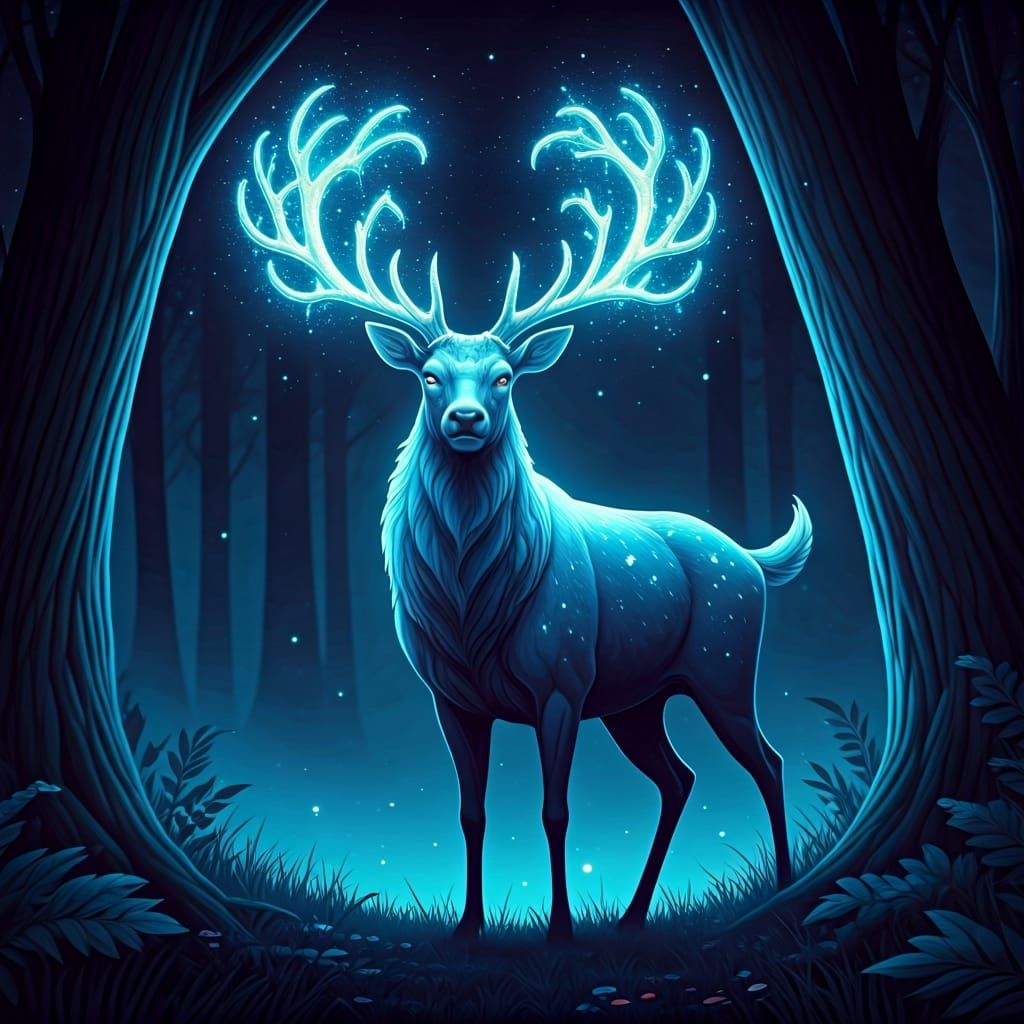 Starlight Deer in Moonlit Forest: Fantasy Illustration