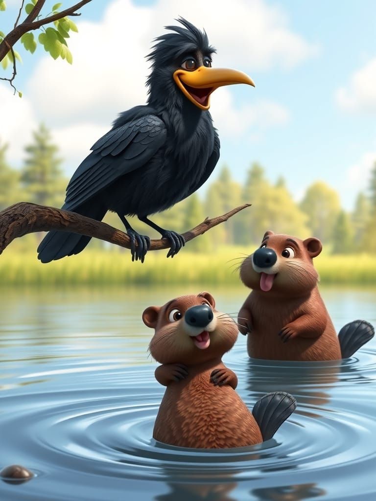 A Charming Crow Scolds Two Beavers in a Summer Forest Scene